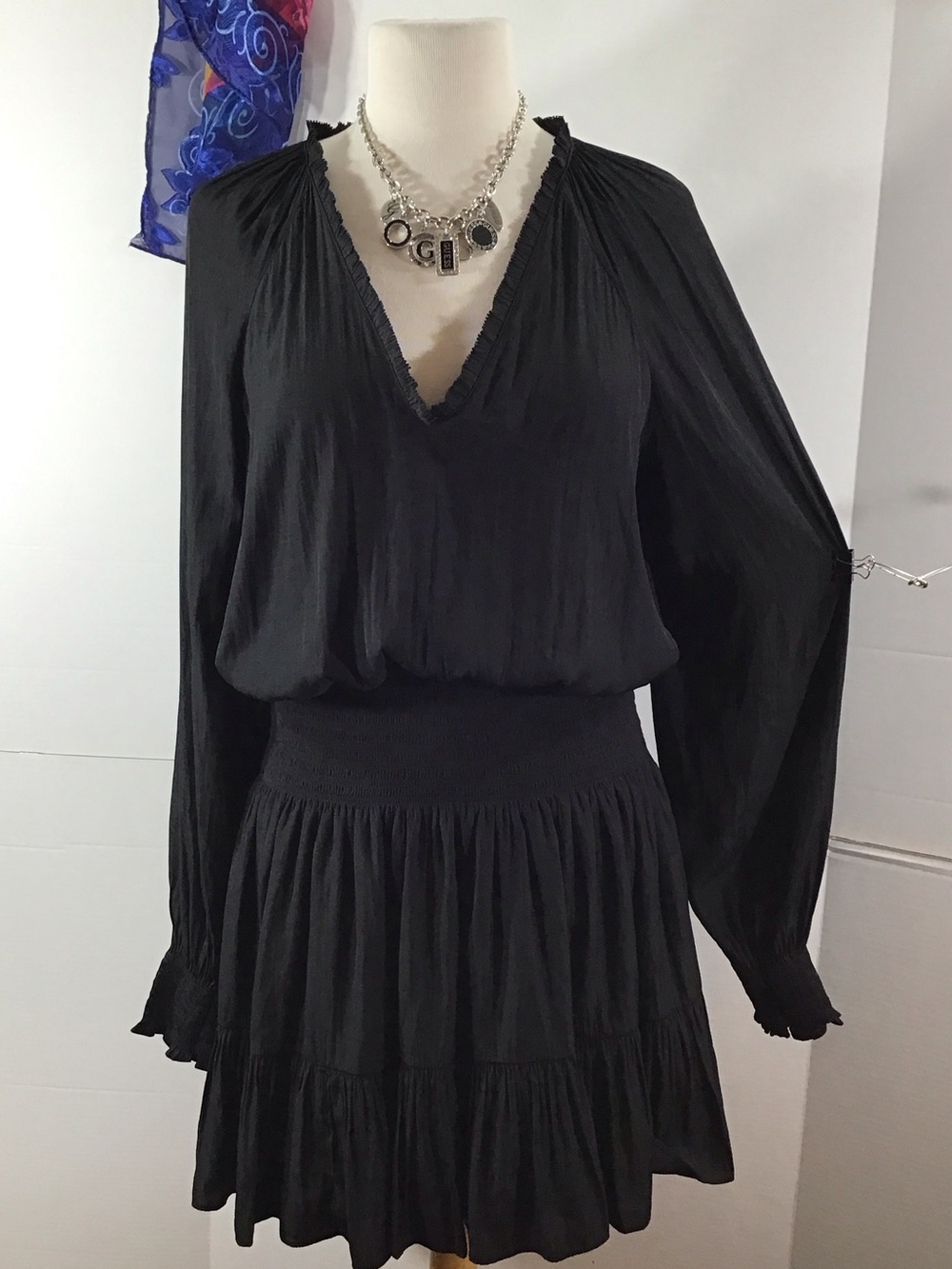 Ramy Brook Scotty Black V-Neck Long Sleeve Smocked Waist Tiered Dress L
